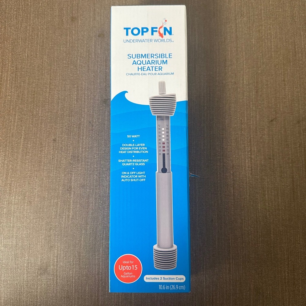 Top Fin Submersible Aquarium Heater  Grey 50W Up To 50 Gallon Tanks Quartz Glass
